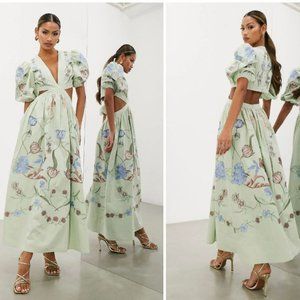 ASOS DESIGN Floral Embroidered Cutout Puff Sleeve Maxi Dress